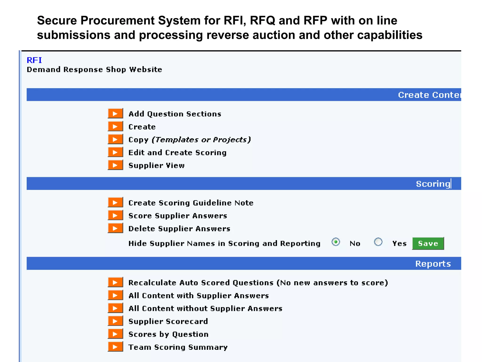 Secure Procurement System for RFI, RFQ and RFP with on line  submissions and processing reverse auction and other capabilities   