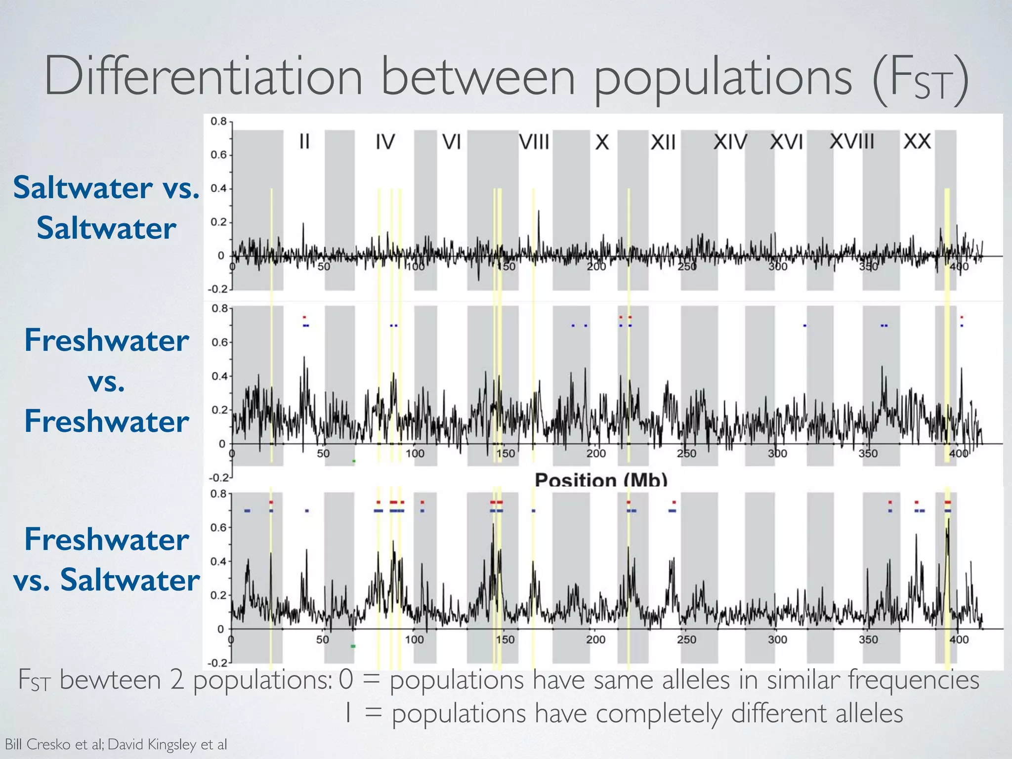Differentiation between populations (FST) 
Population Genomics Freshwater 
Saltwater vs. 
Saltwater 
vs. 
Freshwater 
Figure 6. Genome-wide differentiation among populations. FST across the genome, with colored bars indicating significantly (p#1025, blue; p#1027, red) and reduced (p#1025, green) values. Vertical gray shading indicates boundaries of the linkage groups and scaffolds, and gold shading indicates the nine peaks of substantial population differentiation discussed in the text. (A) FST between the populations (RS and RB; note that no regions of FST are significantly elevated or reduced). (B,C,D) Differentiation of each single freshwater from the two oceanic populations, shown as the mean of the two pairwise comparisons (with RS and RB): (B) BP, (C) BL, (D) ML. Colored plot represent regions where both pairwise comparisons exceeded the corresponding significance threshold. (E) Overall population differentiation 
between the oceanic and freshwater populations. (F) Differentiation among the three freshwater populations (BP, BL, ML). 
doi:10.1371/journal.pgen.1000862.g006 
PLoS Genetics | www.plosgenetics.org 8 February 2010 | Volume 6 | Issue 2 Freshwater 
vs. Saltwater 
FST bewteen 2 populations: 0 = populations have same alleles in similar frequencies 
1 = populations have completely different alleles 
Bill Cresko et al; David Kingsley et al 
 
