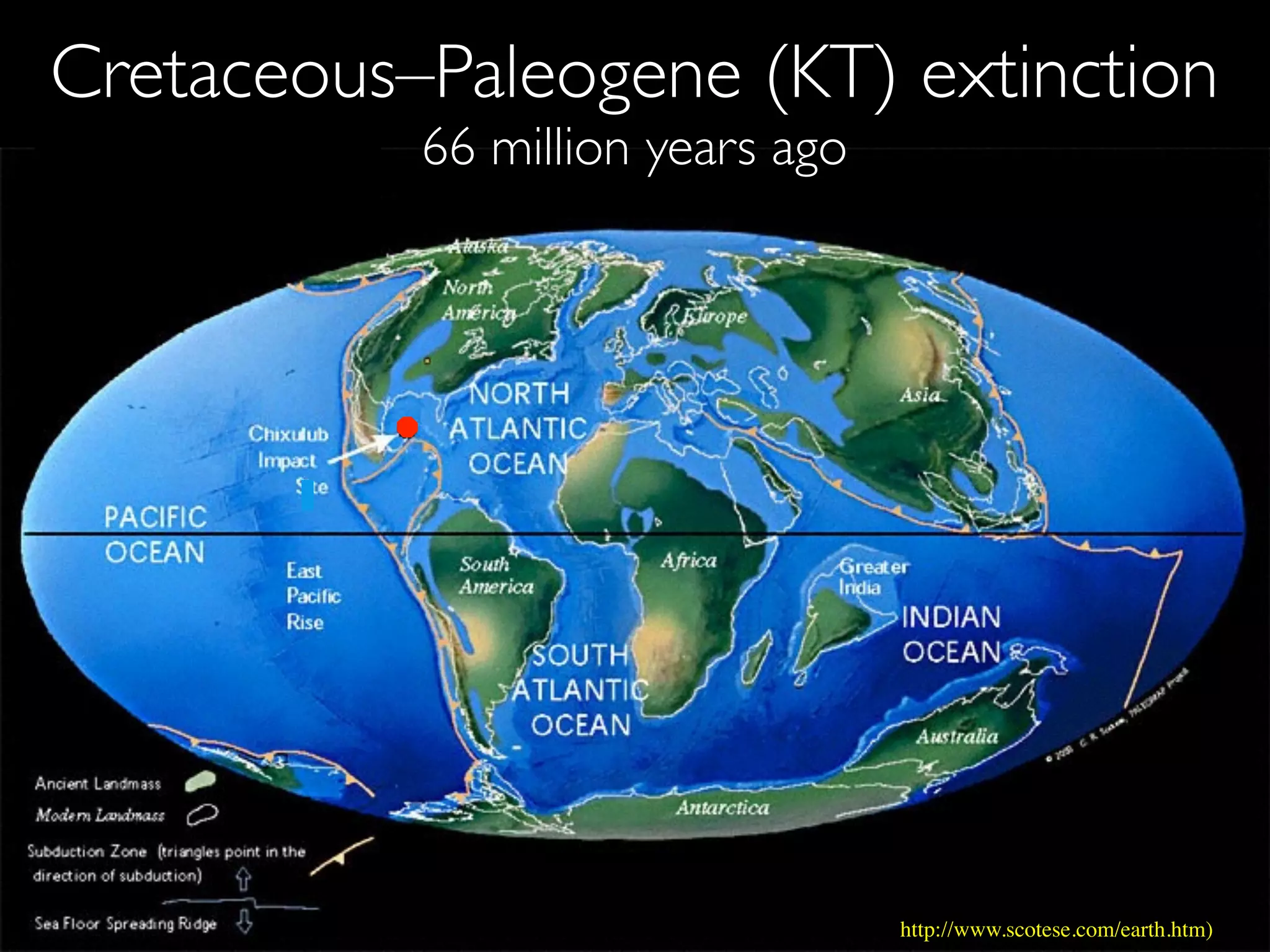 Cretaceous–Paleogene (KT) extinction 
http://www.scotese.com/earth.htm) 
66 million years ago 
 