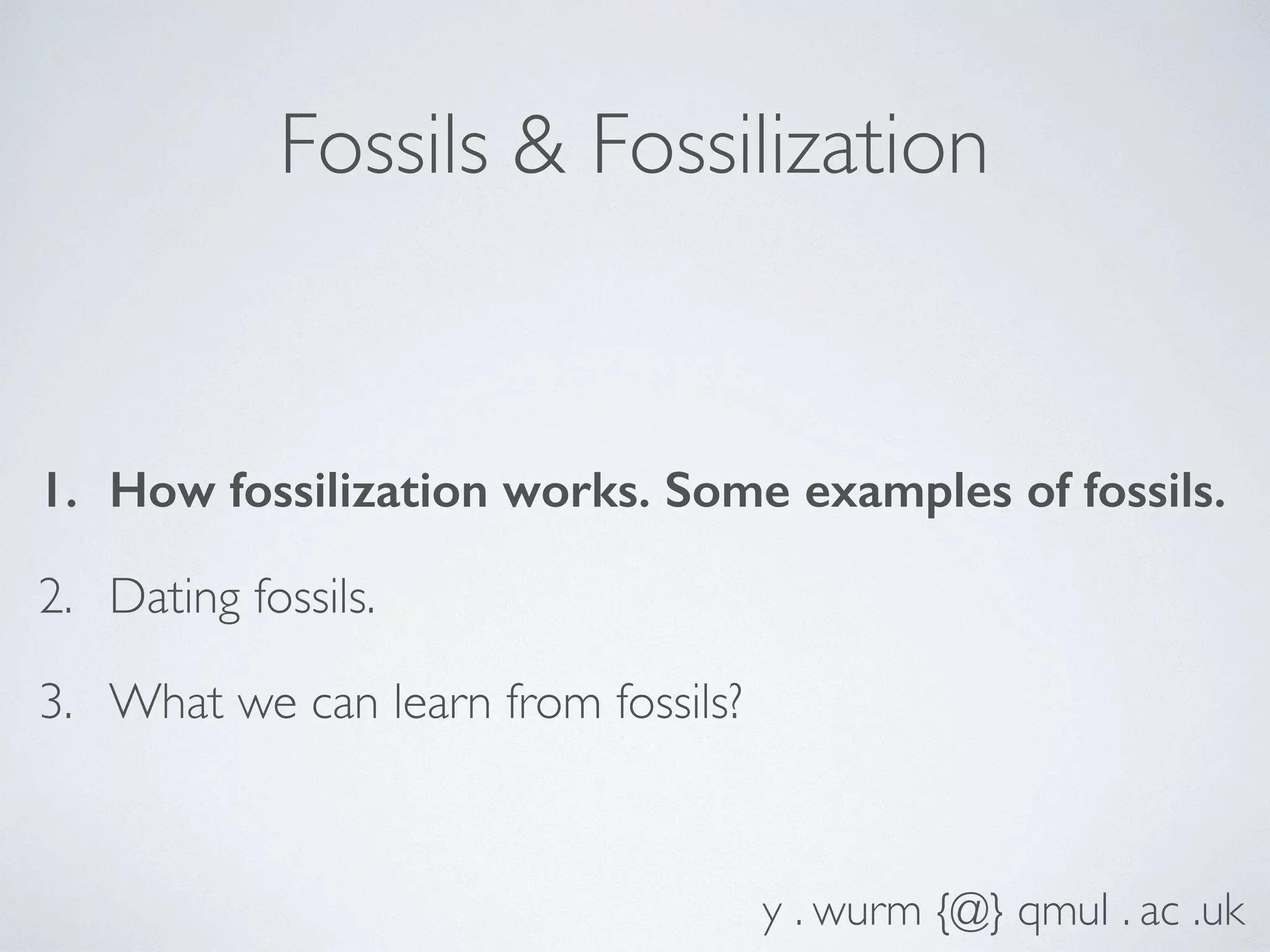 Fossils & Fossilization 
1. How fossilization works. Some examples of fossils. 
2. Dating fossils. 
3. What we can learn from fossils? 
y . wurm {@} qmul . ac .uk 
 