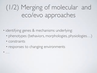 (1/2) Merging of molecular and
eco/evo approaches
• identifying genes & mechanisms underlying:
• phenotypes (behaviors, morphologies, physiologies…)
• constraints
• responses to changing environments
• …
 