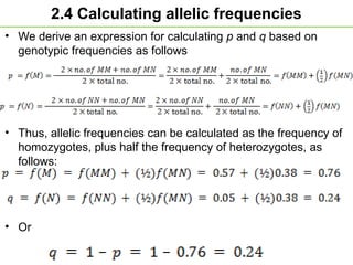 2.4 Calculating allelic frequencies
• We derive an expression for calculating p and q based on
genotypic frequencies as follows
• Thus, allelic frequencies can be calculated as the frequency of
homozygotes, plus half the frequency of heterozygotes, as
follows:
• Or
 