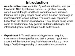 • An alternative view, evolution by natural selection, was put
forward in 1859 by Charles Darwin. i.e. giraffes normally
varied in neck length, and these variations were inherited.
Giraffes with slightly longer necks would be at an advantage in
reaching edible leaves in trees. Therefore, over reproduce
better than the shorter-necked ones. Thus, longer necks would
come to predominate. Any genetic mutations (changes) that
introduced greater neck length would be favoured.
• Experiment 1: To test Lamarck’s hypothesis: acquire,
maintain and breed giraffes and test a general hypothesis
about the inheritance of acquired characteristics e.g. neck
length. Verify the generality of any particular conclusions.
Introduction
 