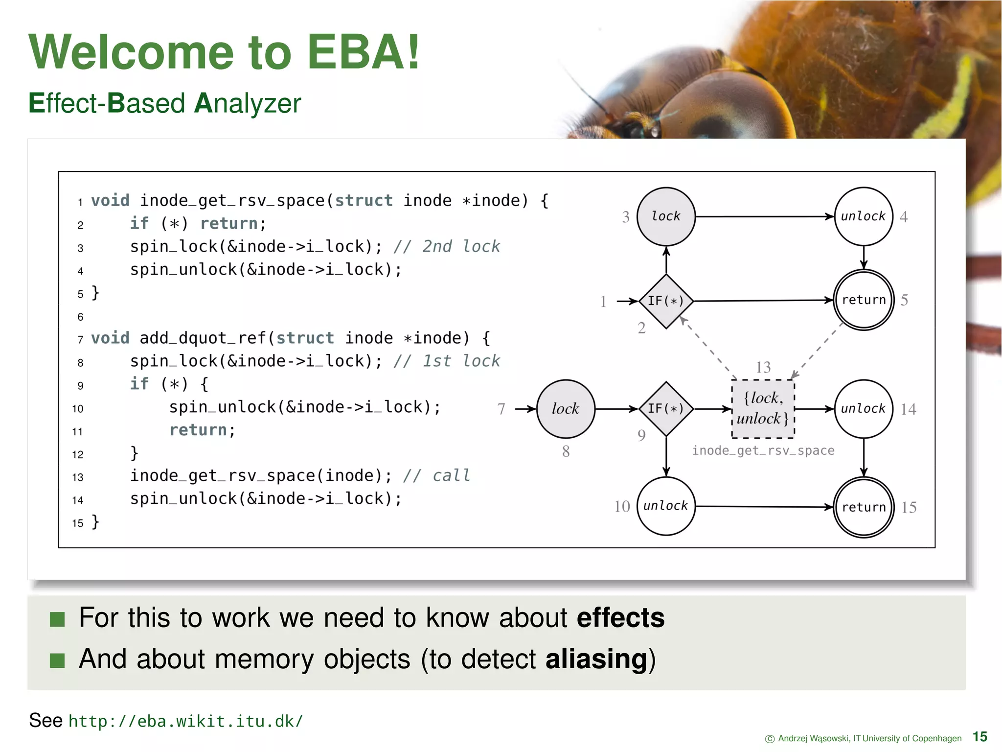 Welcome to EBA! Effect-Based Analyzer For this to work we need to know about effects And about memory objects (to detect aliasing) c Andrzej W ˛asowski, IT University of Copenhagen 15 See http://eba.wikit.itu.dk/ 