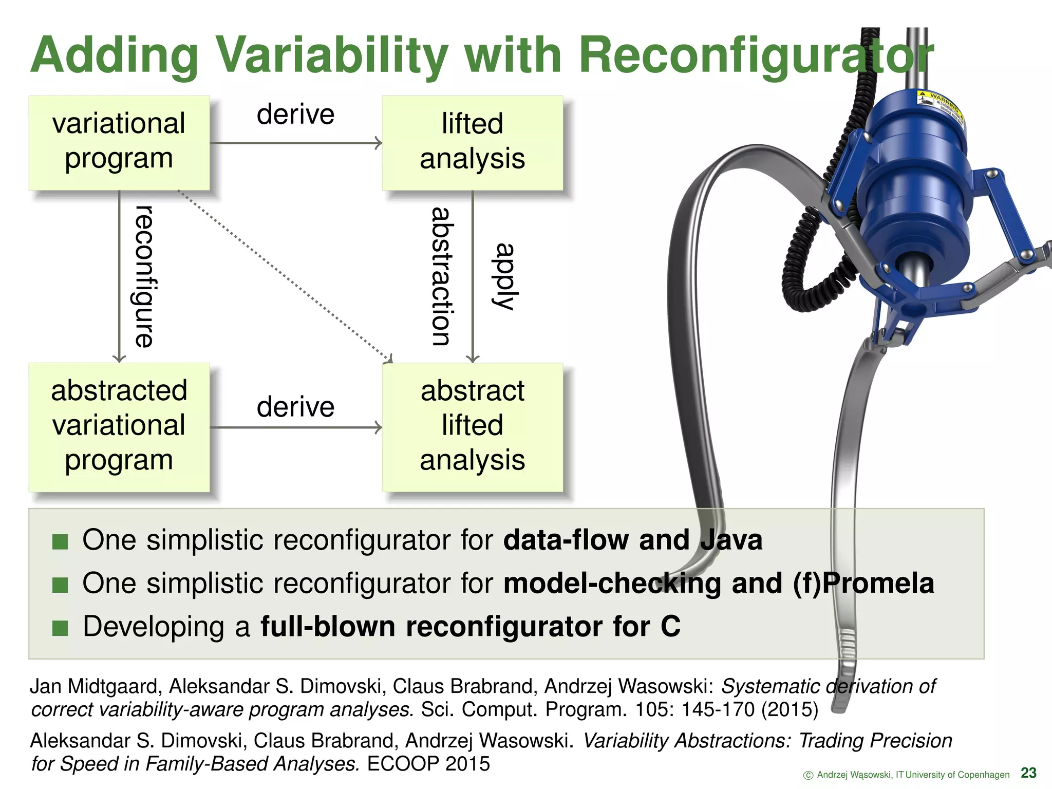 Adding Variability with Reconﬁgurator variational program lifted analysis derive abstract lifted analysis apply abstraction abstracted variational program reconﬁgure derive One simplistic reconﬁgurator for data-ﬂow and Java One simplistic reconﬁgurator for model-checking and (f)Promela Developing a full-blown reconﬁgurator for C c Andrzej W ˛asowski, IT University of Copenhagen 23 Jan Midtgaard, Aleksandar S. Dimovski, Claus Brabrand, Andrzej Wasowski: Systematic derivation of correct variability-aware program analyses. Sci. Comput. Program. 105: 145-170 (2015) Aleksandar S. Dimovski, Claus Brabrand, Andrzej Wasowski. Variability Abstractions: Trading Precision for Speed in Family-Based Analyses. ECOOP 2015 