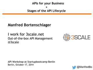 @ManfredBo 
APIs for your Business 
+ 
Stages of the API Lifecycle 
Manfred Bortenschlager 
I work for 3scale.net 
Out-of-the-box API Management 
@3scale 
API Workshop at Startupbootcamp Berlin 
Berlin, October 17, 2014 
 