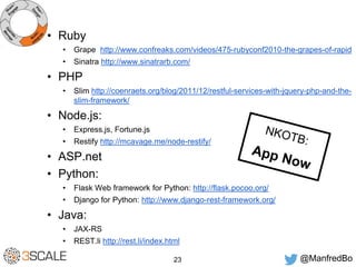 23 @ManfredBo 
• Ruby 
• Grape http://www.confreaks.com/videos/475-rubyconf2010-the-grapes-of-rapid 
• Sinatra http://www.sinatrarb.com/ 
• PHP 
• Slim http://coenraets.org/blog/2011/12/restful-services-with-jquery-php-and-the-slim- 
framework/ 
• Node.js: 
• Express.js, Fortune.js 
• Restify http://mcavage.me/node-restify/ 
• ASP.net 
• Python: 
• Flask Web framework for Python: http://flask.pocoo.org/ 
• Django for Python: http://www.django-rest-framework.org/ 
• Java: 
• JAX-RS 
• REST.li http://rest.li/index.html 
 