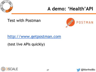 A demo: ‘Health’API 
27 @ManfredBo 
Test with Postman 
http://www.getpostman.com 
(test live APIs quickly) 
 