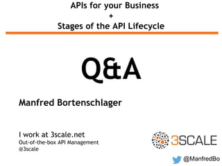 @ManfredBo 
APIs for your Business 
Q&A 
Manfred Bortenschlager 
I work at 3scale.net 
Out-of-the-box API Management 
@3scale 
+ 
Stages of the API Lifecycle 
 