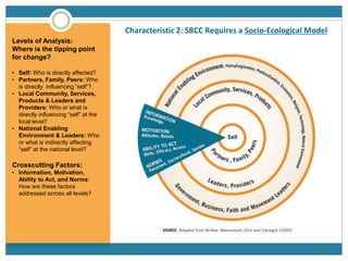 Levels of Analysis:
Where is the tipping point
for change?
• Self: Who is directly affected?
• Partners, Family, Peers: Who
is directly influencing “self”?
• Local Community, Services,
Products & Leaders and
Providers: Who or what is
directly influencing “self” at the
local level?
• National Enabling
Environment & Leaders: Who
or what is indirectly affecting
“self” at the national level?
Crosscutting Factors:
• Information, Motivation,
Ability to Act, and Norms:
How are these factors
addressed across all levels?
Characteristic 2: SBCC Requires a Socio-Ecological Model
 