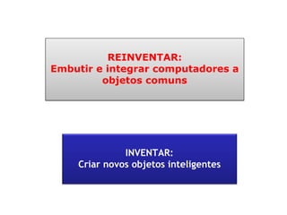 REINVENTAR: Embutir e integrar computadores a objetos comuns 
INVENTAR: 
Criar novos objetos inteligentes 
 