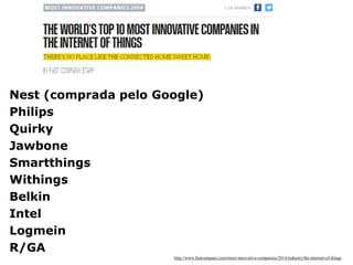 Nest (comprada pelo Google) 
Philips 
Quirky 
Jawbone 
Smartthings 
Withings 
Belkin 
Intel 
Logmein 
R/GA 
http://www.fastcompany.com/most-innovative-companies/2014/industry/the-internet-of-things  