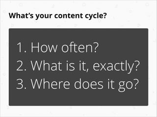 What’s your content cycle?

1. How often?
2. What is it, exactly?
3. Where does it go?

 