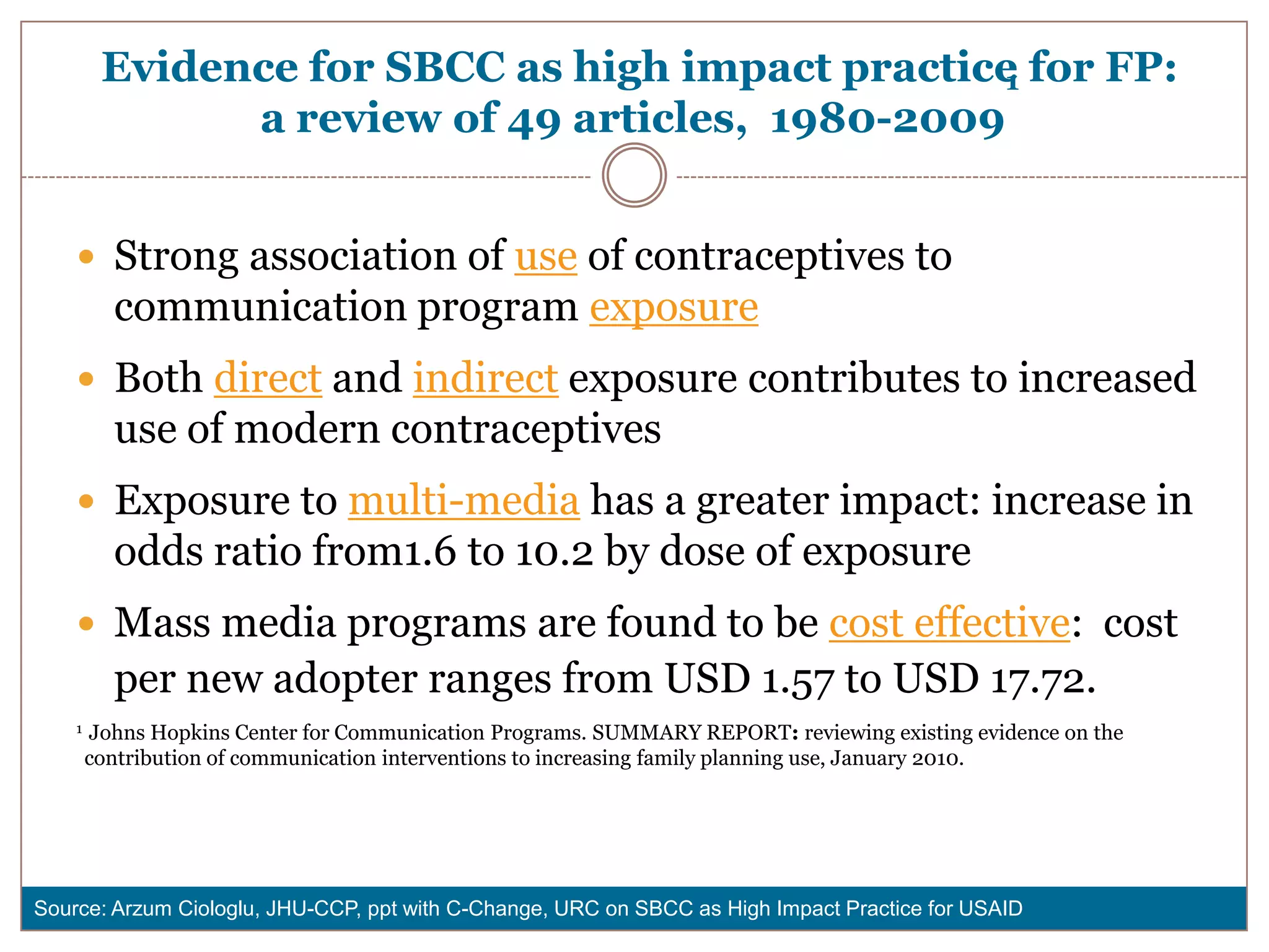 Evidence for SBCC as high impact practice for FP:
                                                  1
               a review of 49 articles, 1980-2009


     Strong association of use of contraceptives to
          communication program exposure
     Both direct and indirect exposure contributes to increased
          use of modern contraceptives
     Exposure to multi-media has a greater impact: increase in
          odds ratio from1.6 to 10.2 by dose of exposure
     Mass media programs are found to be cost effective: cost
          per new adopter ranges from USD 1.57 to USD 17.72.
    1   Johns Hopkins Center for Communication Programs. SUMMARY REPORT: reviewing existing evidence on the
        contribution of communication interventions to increasing family planning use, January 2010.




Source: Arzum Ciologlu, JHU-CCP, ppt with C-Change, URC on SBCC as High Impact Practice for USAID
 