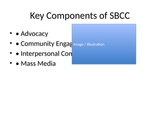 Key Components of SBCC
• • Advocacy
• • Community Engagement
• • Interpersonal Communication
• • Mass Media
Image / Illustration
 