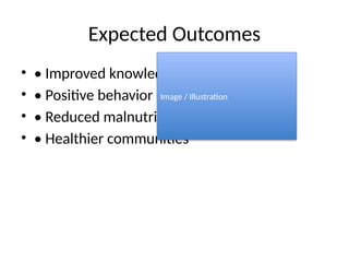 Expected Outcomes
• • Improved knowledge
• • Positive behavior change
• • Reduced malnutrition
• • Healthier communities
Image / Illustration