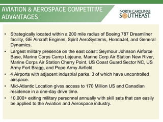 AVIATION & AEROSPACE COMPETITIVE
ADVANTAGES

• Strategically located within a 200 mile radius of Boeing 787 Dreamliner
  facility, GE Aircraft Engines, Spirit AeroSystems, HondaJet, and General
  Dynamics.
• Largest military presence on the east coast: Seymour Johnson Airforce
  Base, Marine Corps Camp Lejeune, Marine Corp Air Station New River,
  Marine Corps Air Station Cherry Point, US Coast Guard Sector NC, US
  Army Fort Bragg, and Pope Army Airfield.
• 4 Airports with adjacent industrial parks, 3 of which have uncontrolled
  airspace.
• Mid-Atlantic Location gives access to 170 Million US and Canadian
  residence in a one-day drive time.
• 10,000+ exiting military personnel annually with skill sets that can easily
  be applied to the Aviation and Aerospace industry.
 