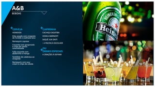 CERVEJA
BEBIDAS
A&B
+
HEINEKEN
Kibe assado com vinagrete
de hortelã e coalhada seca
Ramequim caprese
Crocante com gorgonzola
e chips de cebola
caramelizada
Tully crocante com
abobrinha e manga
Tartellete de calabresa ao
vinagrete
Ramequim com sour
cream e chips de cebola
CAIPIRINHA+
CACHAÇA SAGATIBA
VODKA SMIRNOFF
SAQUÊ JUN DAITI
- 4 FRUTAS À ESCOLHER
DRINKS ESPECIAIS+
4 CRIAÇÕES À DEFINIR
OU
 