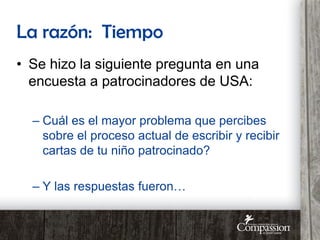 La razón: Tiempo
• Se hizo la siguiente pregunta en una
encuesta a patrocinadores de USA:
– Cuál es el mayor problema que percibes
sobre el proceso actual de escribir y recibir
cartas de tu niño patrocinado?
– Y las respuestas fueron…
 