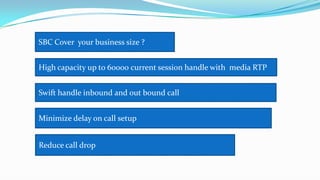 SBC Cover your business size ?
High capacity up to 60000 current session handle with media RTP
Swift handle inbound and out bound call
Minimize delay on call setup
Reduce call drop
 
