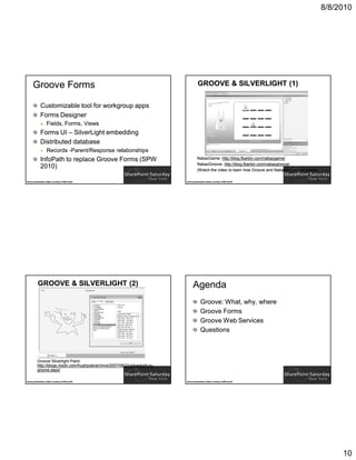 8/8/2010




      Groove Forms                                                                      GROOVE & SILVERLIGHT (1)


             Customizable tool for workgroup apps
             Forms Designer
                   Fields, Forms, Views
             Forms UI – SilverLight embedding
             Distributed database
                   Records -Parent/Response relationships
             InfoPath to replace Groove Forms (SPW                                      NabazGame:
                                                                                        NabazGame: http://blog.fbarbin.com/nabazgame/
                                                                                        NabazGroove:
                                                                                        NabazGroove: http://blog.fbarbin.com/nabazgroove/
             2010)                                                                      (Watch the video to learn how Groove and Nabaztag can be linked)

Some presentation slides courtesy of Microsoft                                Some presentation slides courtesy of Microsoft




          GROOVE & SILVERLIGHT (2)                                                  Agenda
                                                                                           Groove: What, why, where
                                                                                           Groove Forms
                                                                                           Groove Web Services
                                                                                           Questions



          Groove Silverlight Paint:
          http://blogs.msdn.com/hughpyle/archive/2007/06/21/silverlight-in-
          http://blogs.msdn.com/hughpyle/archive/2007/06/21/silverlight-in-
          groove.aspx/

Some presentation slides courtesy of Microsoft                                Some presentation slides courtesy of Microsoft




                                                                                                                                                                10
 