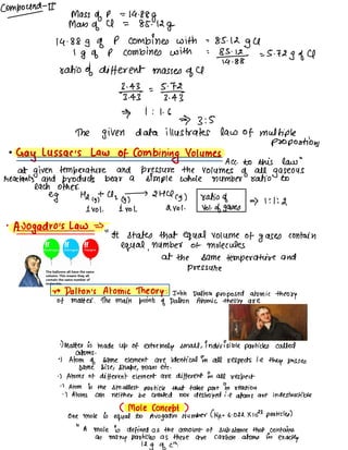 Compound-
II
mass of P =
14.88g
Man of Cl =
85.12g
14.88g of P combines with =
85.12
gu
1g of p combines with =
8Yj.gg#--5.72gofCl
ratio of different masses of a
3. 43 =
5,7¥
1:16
3 :S
The given data illustrates law of multiple
propositions
•
Gay Lussac 's Law of combining volumes
Acc. to this law
"
at
given temperature and pressure the volumes of all
gaseous
reactants and products bear a simple whole number ratio to
each other.
e.
g Ha + Uz →
2116cg ) ratio of
(g) (g)
11101.
I v01.
21101 . v01 .
of gases
1 : I :L
•
Avogadro's law "
* states that equal volume of gases contain
equal .
Number
'
of molecules
at the same temperature and
pressure
ra Dalton 's Atomic Theory :
John Dalton proposed atomic theory
of matter .
The main points of Dalton Atomic
theory are
e) Matter is made up of extremely small ,
indivisible particles called
atoms .
•
1 Atom of same element are identical in all respects i.e
they posses
same size, shape, mass etc .
e) Atoms of different element are different in all respect
• ' Atom is the smallest particle that take part in reaction
•
7 Atoms can neither be created nor destroyed i. e atoms are indestructible
Mole Concept
One Mole is equal to Avogadro Number (Na = 6-022×1023 particles)
"
A mole is defined as the amount of substance that contains
as
many particles as these are carbon atoms in
exactly
12g of c
'
?
 
