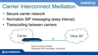 Carrier Interconnect Mediation 
• Secure carrier network 
• Normalize SIP messaging (easy interop) 
• Transcoding between carriers 
© 2014 Sangoma Technologies 35 
 