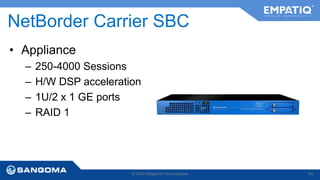 NetBorder Carrier SBC 
• Appliance 
– 250-4000 Sessions 
– H/W DSP acceleration 
– 1U/2 x 1 GE ports 
– RAID 1 
© 2014 Sangoma Technologies 54 
 