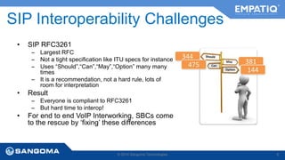 SIP Interoperability Challenges 
• SIP RFC3261 
– Largest RFC 
– Not a tight specification like ITU specs for instance 
– Uses “Should”,“Can”,“May”,“Option” many many 
times 
– It is a recommendation, not a hard rule, lots of 
room for interpretation 
• Result 
– Everyone is compliant to RFC3261 
– But hard time to interop! 
• For end to end VoIP Interworking, SBCs come 
to the rescue by ‘fixing’ these differences 
© 2014 Sangoma Technologies 6 
 