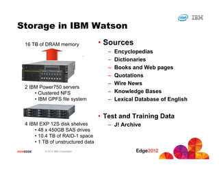Storage in IBM Watson
    16 TB of DRAM memory              • Sources
                                         –   Encyclopedias
                                         –   Dictionaries
                                         –   Books and Web pages
                                         –   Quotations
                                         –   Wire News
    2 IBM Power750 servers
        • Clustered NFS                  –   Knowledge Bases
        • IBM GPFS file system           –   Lexical Database of English


                                      • Test and Training Data
    4 IBM EXP 12S disk shelves           – J! Archive
        • 48 x 450GB SAS drives
        • 10.4 TB of RAID-1 space
        • 1 TB of unstructured data
#IBMEDGE     © 2012 IBM Corporation
 