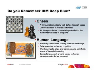 Do you Remember IBM Deep Blue?


                                    •Chess
                                     – A finite, mathematically well-defined search space
                                     – Limited number of moves and states
                                     – All the symbols are completely grounded in the
                                       mathematical rules of the game



                                    •Human Language
                                     – Words by themselves convey different meanings
                                     – Only grounded in human cognition
                                     – Words navigate, align and communicate an infinite
                                       space of intended meaning
                                     – Computers can not ground words to human
                                       experiences to derive meaning


                                                                                            9
#IBMEDGE   © 2012 IBM Corporation
 