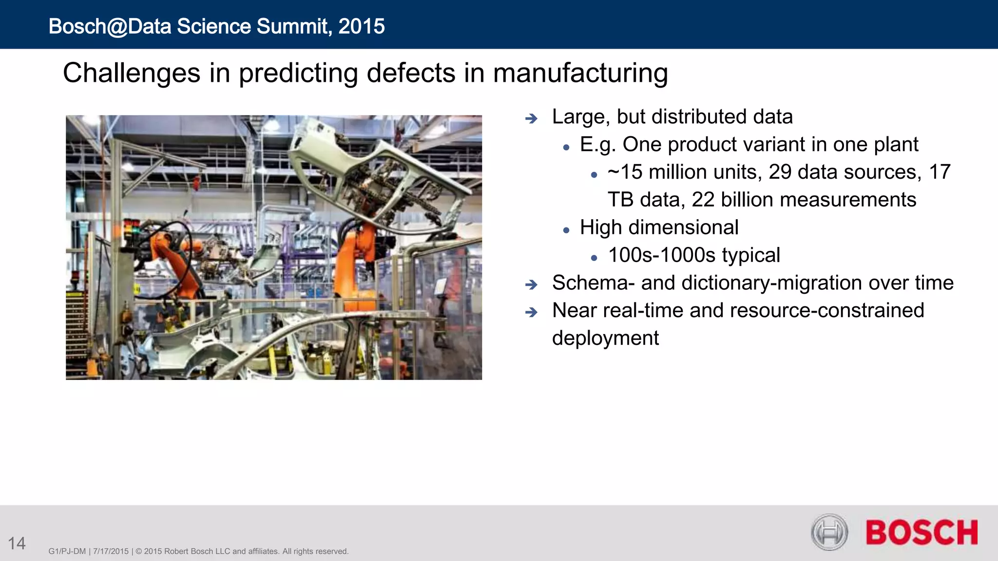 Challenges in predicting defects in manufacturing
14
 Large, but distributed data
 E.g. One product variant in one plant
 ~15 million units, 29 data sources, 17
TB data, 22 billion measurements
 High dimensional
 100s-1000s typical
 Schema- and dictionary-migration over time
 Near real-time and resource-constrained
deployment
G1/PJ-DM | 7/17/2015 | © 2015 Robert Bosch LLC and affiliates. All rights reserved.
Bosch@Data Science Summit, 2015
 