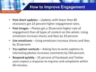 Company name
How to Improve Engagement
• Post short updates – Updates with fewer than 80
characters get 23 percent higher engagement rates.
• Post images – Photos get a 39 percent higher rate of
engagement than all types of content on the whole. Using
emoticons increase shares and likes by 33 percent.
• Use emoticons – Using emoticons increase shares and likes
by 33 percent.
• Try caption contests – Asking fans to write captions to
interesting photos increases comments by 550 percent.
• Respond quickly – 25 percent of Facebook and Twitter
users expect a response to inquires and complaints within
60 minutes.
Blazin Multimedia
 