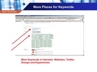 Company name
More Places for Keywords
Blazin Multimedia
More Keywords in Interests, Websites, Twitter,
Groups and Experiences
 