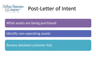 Post-Letter of Intent
What assets are being purchased
Identify non-operating assets
Review detailed customer lists
 