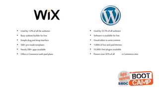 • Used by 1.0%of all the websites
• Basic website builder for free
• Simple drag and drop interface
• 500+pre-madetemplates
• Nearly200+apps available
• Offers e-Commercewith paid plans
• Used by 32.5%of all websites
• Software is available for free
• Visual editor to write content
• 1,000sof freeand paid themes
• 55,000+freeplugins available
• Powers over 42%of all e-Commercesites
 