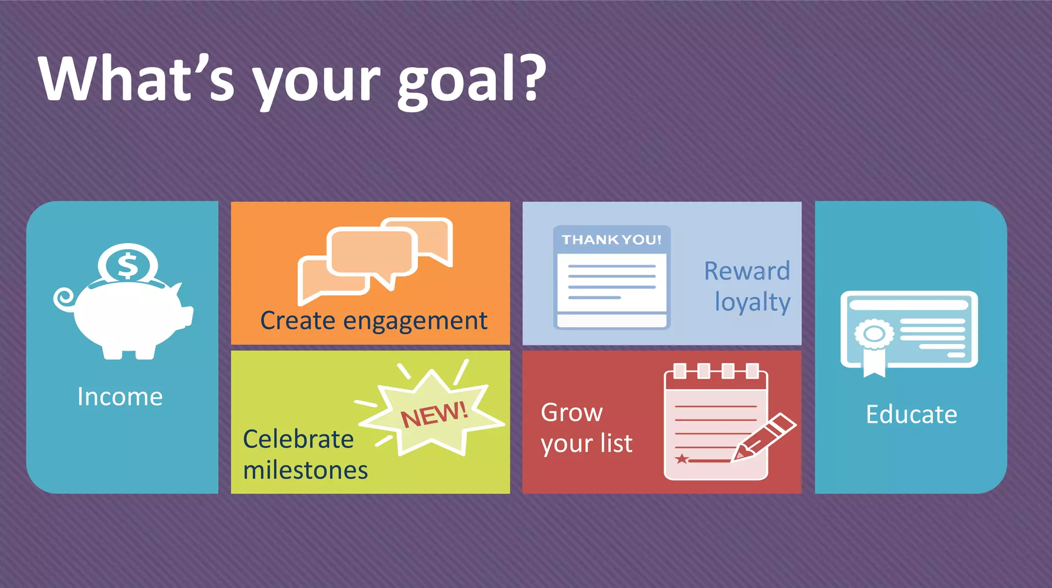 What’s your goal?
Income
Create engagement
Celebrate
milestones
Reward
loyalty
Grow
your list
Educate
 
