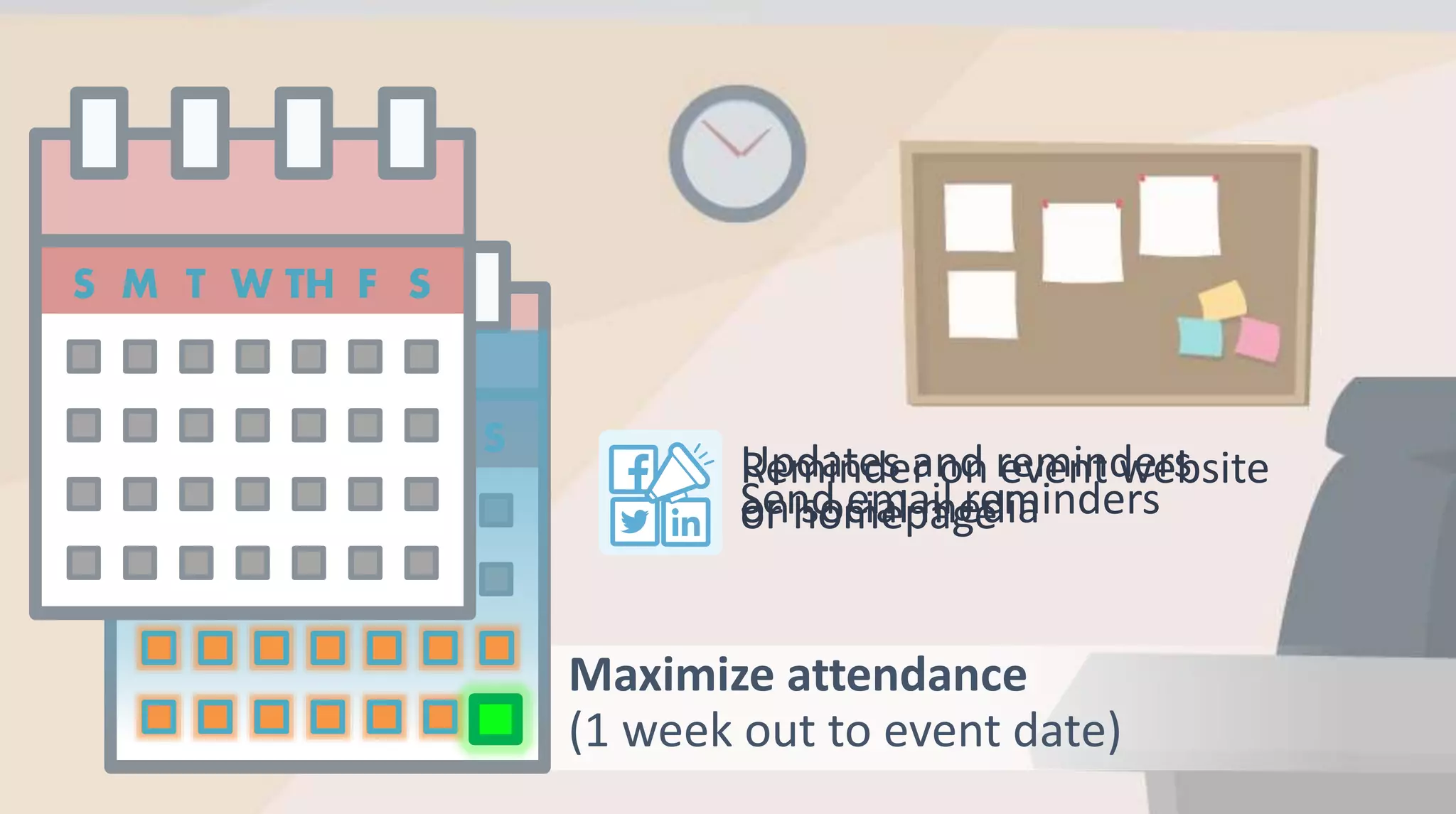 Maximize attendance
(1 week out to event date)
Reminder on event website
or homepageSend email reminders
Updates and reminders
on social media
 