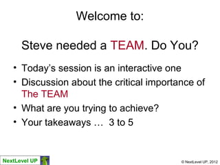 Welcome to:

      Steve needed a TEAM. Do You?
   • Today’s session is an interactive one
   • Discussion about the critical importance of
     The TEAM
   • What are you trying to achieve?
   • Your takeaways … 3 to 5


NextLevel UP                              © NextLevel UP, 2012
 