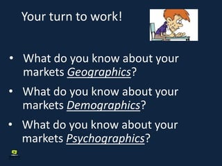 Your turn to work!
• What do you know about your
markets Geographics?
• What do you know about your
markets Demographics?
• What do you know about your
markets Psychographics?
 