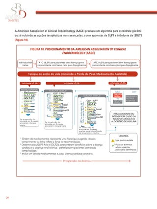 34
A American Association of Clinical Endocrinology (AACE) produziu um algoritmo para o controle glicêmi-
co já incluindo as opções terapêuticas mais avançadas, como agonistas de GLP1 e inibidores da iSGLT2
(Figura 10).
FIGURA 10. POSICIONAMENTO DA AMERICAN ASSOCIATION OF CLINICAL
ENDOCRINOLOGY (AACE)
Use com cautela
Poucos eventos
adversose/ou
possíveis benefícios
MONOTERAPIA1
Metformina
GLP-1 RA2,3
iSGLT-22,3
iDPP-IV
TZD
iAG
SU/GLN
Se a meta não for
atingida em 3 meses,
TERAPIA TRIPLA1
Se a meta não for
atingida em 3 meses,
avançar para intensiﬁcação
da terapia com insulina
TERAPIA DUPLA1
Se a meta não for
atingida em 3 meses,
proceder à terapia tripla
proceder à terapia
dupla
iDPP-IV
TZD
Insulina basal
Insulina basal
Colesevelam
Colesevelam
Bromocriptina QR
Bromocriptina QR
iAG
SU/GLN
SU/GLN
iSGLT-22,3
GLP-1 RA2,3
iSGLT-22,3
TZD
iDPP-IV
iAG
GLP-1 RA2,3
SINTOMAS
NÃO
ou
SIM
TERAPIA
DUPLA
TERAPIA
TRIPLA
INSULINA ±
OUTROS
AGENTES
PARA ADICIONAR OU
INTENSIFICAR O USO DA
INSULINA CONSULTE O
ALGORITMO DE INSULINA
1.
Ordem de medicamentos representa uma hierarquia sugerida de uso;
comprimento da linha reﬂete a força de recomendação.
2.
Determinados GLP1-RAs e SGLT2is apresentaram benefícios sobre a doença
cardíaca e a doença renal crônica - preferidos em pacientes com essas
complicações.
3.
Incluir um desses medicamentos e, caso doença cardíaca coronária.
METououtro
agentede1a
linha
METououtroagentede1a
linha+agentede2a
linha
Individualizar
metas
A1C ≤6,5% para pacientes sem doença grave
concomitante com baixo risco para hipoglicemia
A1C >6,5% para pacientes sem doença grave
concomitante com baixo risco para hipoglicemia
Terapia de estilo de vida (incluindo a Perda de Peso Medicamente Assistida)
Progressão da doença
LEGENDA
A1c inicial <7,5% A1c inicial ≥7,5% A1c inicial >9,0%
 
