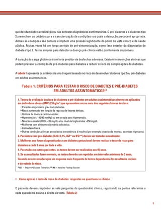 9
que decidam sobre a realização ou não de testes diagnósticos conﬁrmatórios. O pré-diabetes e o diabetes tipo
2 preenchem os critérios para a caracterização de condições nas quais a detecção precoce é apropriada.
Ambas as condições são comuns e impõem uma pressão signiﬁcante do ponto de vista clínico e de saúde
pública. Muitas vezes há um longo período de pré-sintomatização, como fase anterior do diagnóstico de
diabetes tipo 2. Testes simples para detectar a doença pré-clínica estão prontamente disponíveis.
A duração da carga glicêmica é um forte preditor de desfechos adversos. Existem intervenções efetivas que
podem prevenir a condição de pré-diabetes para diabetes e reduzir o risco de complicações do diabetes.
A tabela 1 apresenta os critérios de uma triagem baseada no risco de desenvolver diabetes tipo 2 ou pré-diabetes
em adultos assintomáticos.
• Como aplicar o teste de risco de diabetes: respostas ao questionário clínico
O paciente deverá responder as sete perguntas do questionário clínico, registrando os pontos referentes a
cada questão na coluna à direita do texto. (Tabela 2)
Tabela 1. CRITÉRIOS PARA TESTAR O RISCO DE DIABETES E PRÉ-DIABETES
EM ADULTOS ASSINTOMÁTICOS2,3
1. Testes de avaliação do risco de diabetes e pré-diabetes em adultos assintomáticos devem ser aplicados
em indivíduos obesos (IMC≥23 kg/m2
) que apresentem um ou mais dos seguintes fatores de risco:
2. Pacientes com pré-diabetes (A1C≥5,7%, IGT* ou IFG**) devem ser testados anualmente.
3. Mulheres que foram diagnosticadas com diabetes gestacional devem realizar o teste de risco para
diabetes a cada 3 anos por toda a vida.
4. Para todos os outros pacientes, os testes devem ser realizados aos 45 anos.
5. Se os resultados forem normais, os testes deverão ser repetidos em intervalos mínimos de 3 anos,
levando-se em consideração um esquema mais frequente de testes dependendo dos resultados iniciais
e do estado de risco.
• Parentes de primeiro grau com diabetes.
• Risco aumentado em função da raça ou de fatores étnicos.
• História de doença cardiovascular.
• Hipertensão (≥140/90 mmHg) ou em terapia para hipertensão.
• Nível de colesterol HDL <35 mg/dL e/ou nível de triglicérides >250 mg/dL.
• Mulheres com síndrome do ovário policístico.
• Inatividade física.
• Outras condições clínicas associadas à resistência à insulina (por exemplo: obesidade intensa, acantose nigricans).
* IGT = Impaired Glucose Tolerance; ** IFG = Impaired Fasting Glucose
 