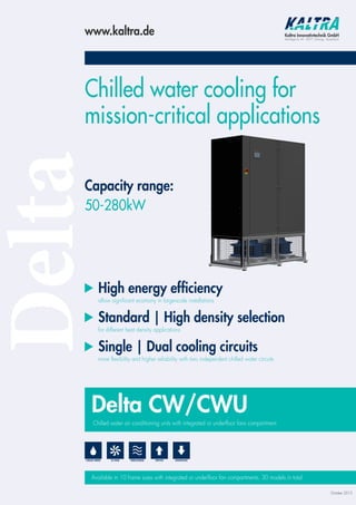 DeltaChilled water cooling for
mission-critical applications
High energy efﬁciency
allow significant ecomony in large-scale installations
Standard | High density selection
for different heat density applications
Single | Dual cooling circuits
more flexibility and higher reliability with two independent chilled water circuits
Delta CW/CWU
Chilled water air conditioning units with integrated or underfloor fans compartment
Available in 10 frame sizes with integrated or underfloor fan compartments, 30 models in total
Capacity range:
50-280kW
www.kaltra.de Kaltra Innovativtechnik GmbH
Max-Reger-Str. 44 · 90571 Schwaig · Deutschland
October 2015
EC-FANS FREECOOLINGCHILLED WATER UPFLOW DOWNFLOW
 
