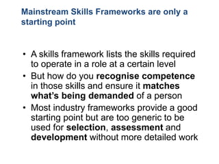 Mainstream Skills Frameworks are only a
starting point
• A skills framework lists the skills required
to operate in a role...