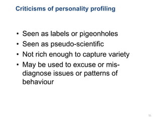 Criticisms of personality profiling
• Seen as labels or pigeonholes
• Seen as pseudo-scientific
• Not rich enough to captu...