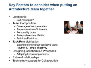 Key Factors to consider when putting an
Architecture team together
• Leadership
– Self-managed?
• Team Composition
– Cover...
