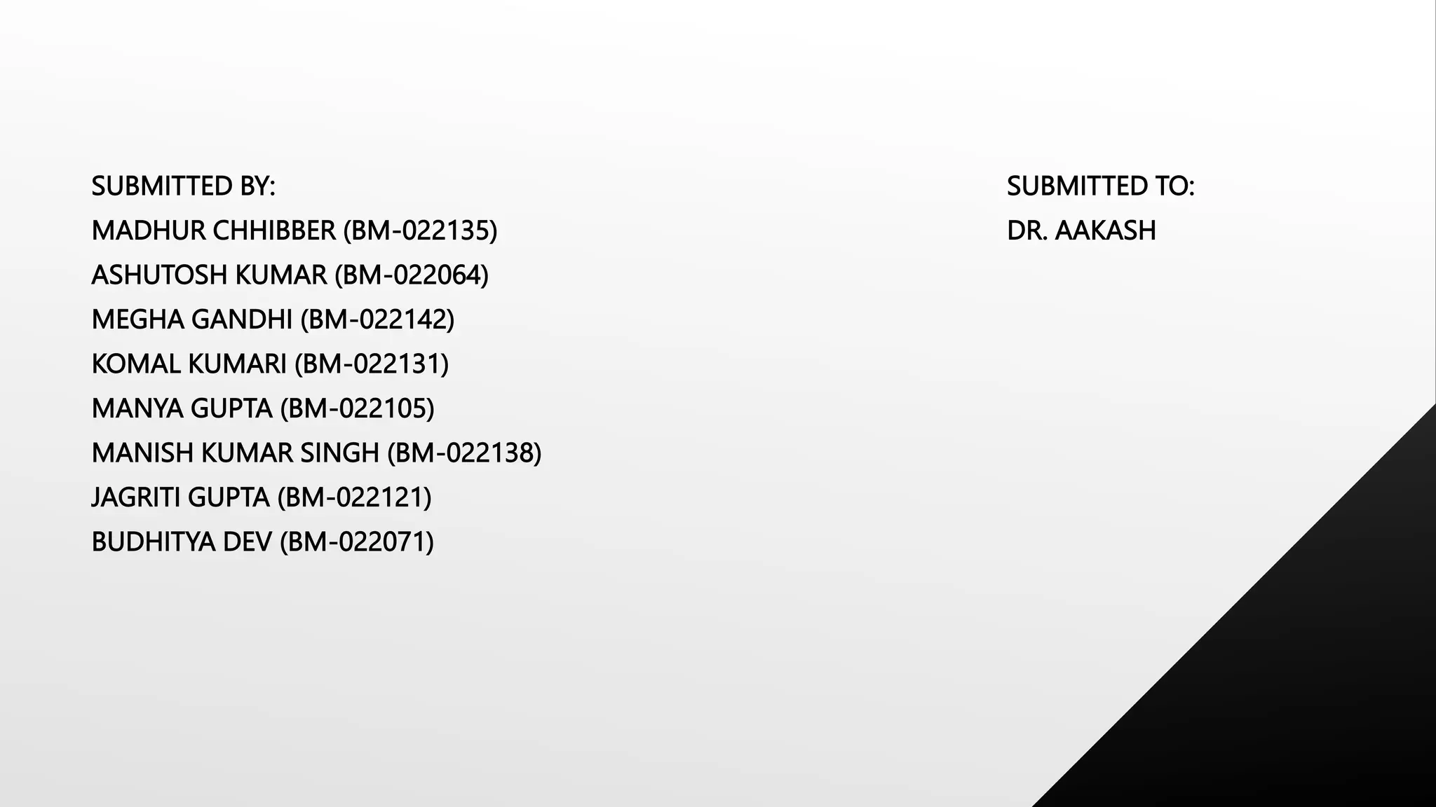 SUBMITTED BY: SUBMITTED TO:
MADHUR CHHIBBER (BM-022135) DR. AAKASH
ASHUTOSH KUMAR (BM-022064)
MEGHA GANDHI (BM-022142)
KOMAL KUMARI (BM-022131)
MANYA GUPTA (BM-022105)
MANISH KUMAR SINGH (BM-022138)
JAGRITI GUPTA (BM-022121)
BUDHITYA DEV (BM-022071)
 