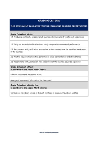 HND in Business Management
GRADING CRITERIA
THIS ASSESSMENT TASK GIVES YOU THE FOLLOWING GRADING OPPORTUNITIES
Grade Criteria at a Pass:
1.1 Produce a profile of a selected small business identifying its strengths and weaknesses
1.2 Carry out an analysis of the business using comparative measures of performance
2.1 Recommend with justification, appropriate actions to overcome the identified weaknesses
in the business
2.2 Analyse ways in which existing performance could be maintained and strengthened
2.3 Recommend with justification, new areas in which the business could be expanded
Grade Criteria at a Merit
In addition to the above Pass Criteria:
Effective judgements have been made.
A range of sources and information has been used.
Grade Criteria at a Distinction
In addition to the above Merit criteria:
Conclusions have been arrived at through synthesis of ideas and have been justified
 