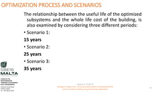 OPTIMIZATION PROCESS AND SCENARIOS
The relationship between the useful life of the optimized
subsystems and the whole life cost of the building, is
also examined by considering three different periods:
• Scenario 1:
15 years
• Scenario 2:
25 years
• Scenario 3:
35 years
Session 4- 17.03.16
Georgios K. Bekas et.al - Structural optimization including whole life
cost of a timber building using evolutionary algorithms
10
EUROPE & THE
MEDITERRANEAN
TOWARDS A SUSTAINABLE
BUILT ENVIRONMENT.
Excelsior Grand Hotel
Valletta, Malta.
16 – 18th March 2016
 