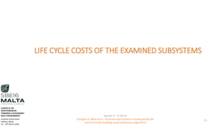 LIFE CYCLE COSTS OF THE EXAMINED SUBSYSTEMS
Session 4 - 17.03.16
Georgios K. Bekas et.al - Structural optimization including whole life
cost of a timber building using evolutionary algorithms
11
EUROPE & THE
MEDITERRANEAN
TOWARDS A SUSTAINABLE
BUILT ENVIRONMENT.
Excelsior Grand Hotel
Valletta, Malta.
16 – 18th March 2016
 